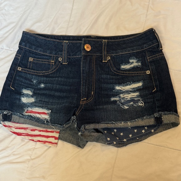 American Eagle Dark Blue Jean Shorts with Flag Detail - Picture 1 of 2